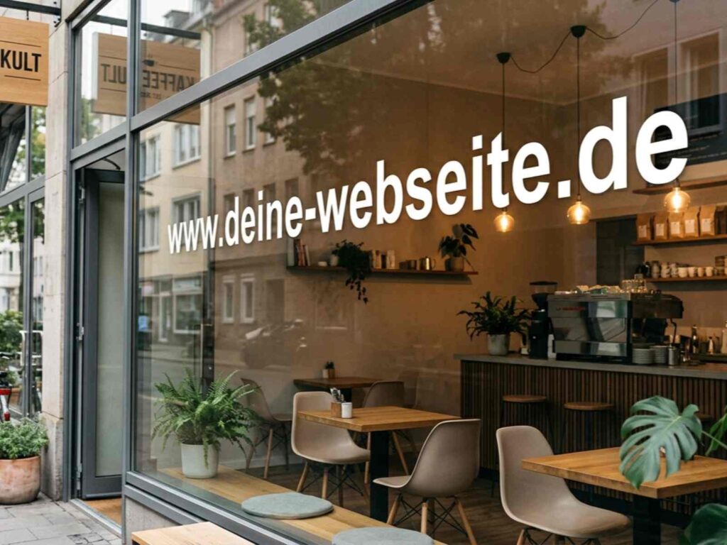 Weißer Schriftzug mit dem Hinweis auf die Website www.cafe-name.de aus einer maßgeschneiderten Folie auf der Glasfront eines Cafés.