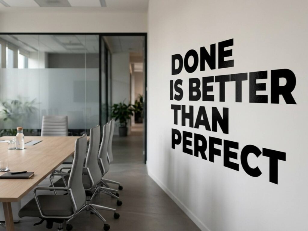 Schwarzer vierzeiliger Schriftzug 'Better Done than Perfect' aus einer maßgeschneiderten Wandfolie in einem Konferenzraum.