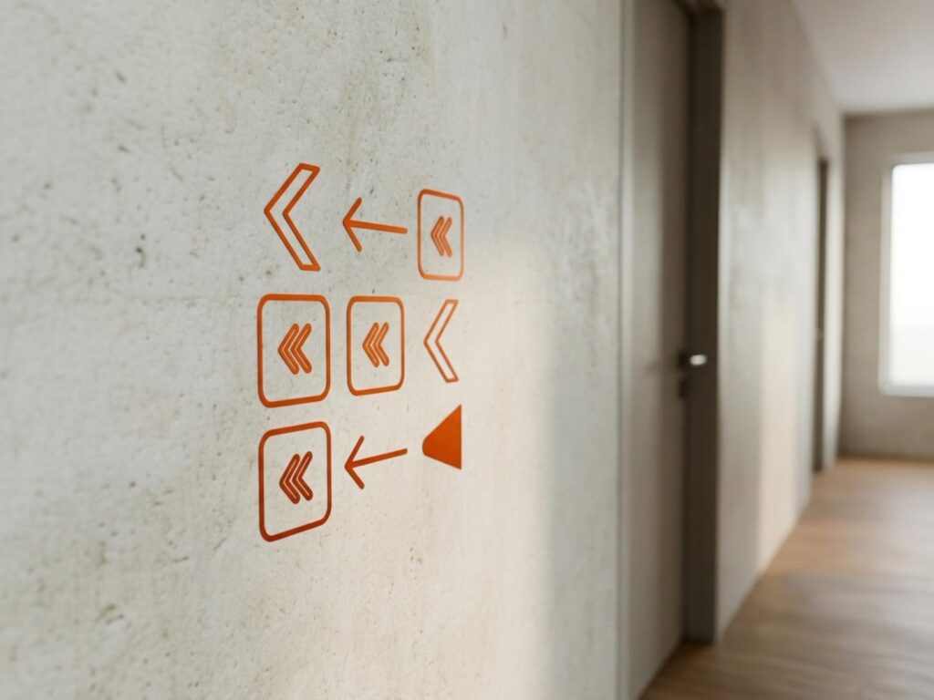 Orangefarbene, nach links weisende Pfeile in unterschiedlichen Designs an einer Wand in Betonoptik in einem Flur.