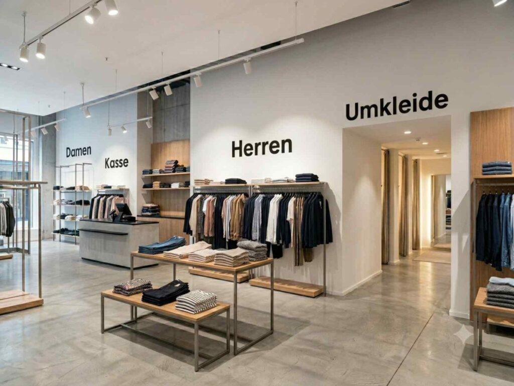 Mehrere schwarze Schriftzüge aus einer maßgeschneiderten Wandfolie als Orientierung über den Kleiderschränken und Kleiderstangen.