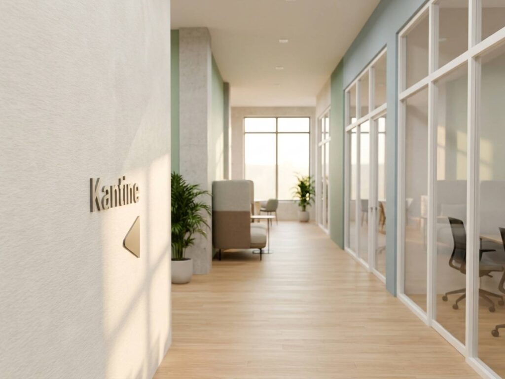 Heller, moderner Büroflur mit Glasbüros, Holzboden, Pflanzen und Wegweiser zur Kantine in einer modernen Unternehmenszentrale.