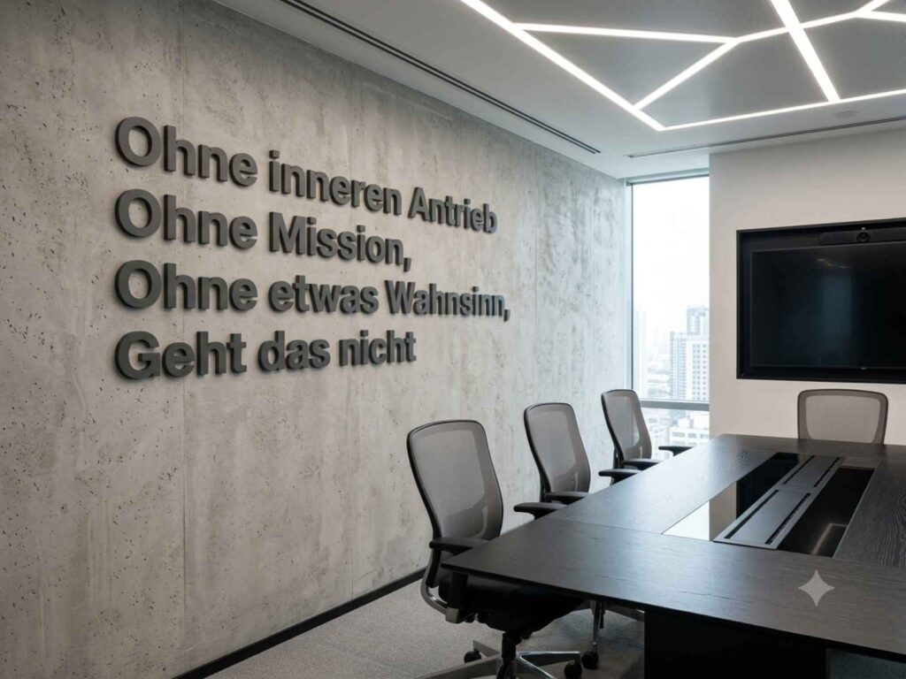 Moderner Konferenzraum mit großem Wandzitat „Ohne inneren Antrieb, Ohne Mission, Ohne etwas Wahnsinn, Geht das nicht“, Besprechungstisch, ergonomischen Bürostühlen und großem Bildschirm.