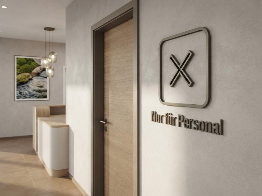 Elegantes, dreidimensionales "Nur für Personal" Türschild in dunkler Optik, montiert neben einer Holztür in einem modernen Büroflur mit Empfangsbereich.