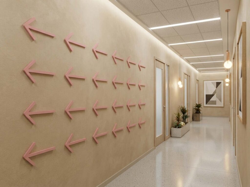 Moderner, heller Büroflur mit beiger Wand, dekoriert mit vielen rosa Wandpfeilen als Wegweiser und modernen Pendelleuchten.