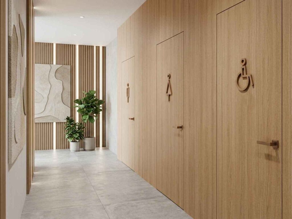 Moderner Flur mit hölzernen Wandpaneelen und beschilderter barrierefreier Toilette