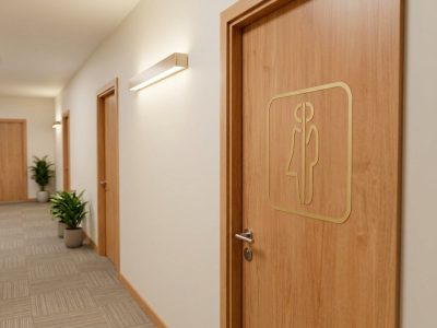 Moderne WC-Beschilderung an einer Holztür in einem hellen Büroflur